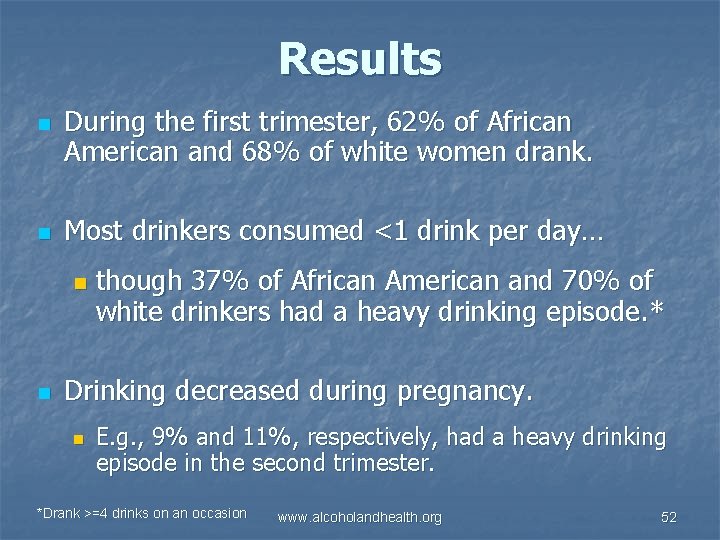 Results n n During the first trimester, 62% of African American and 68% of