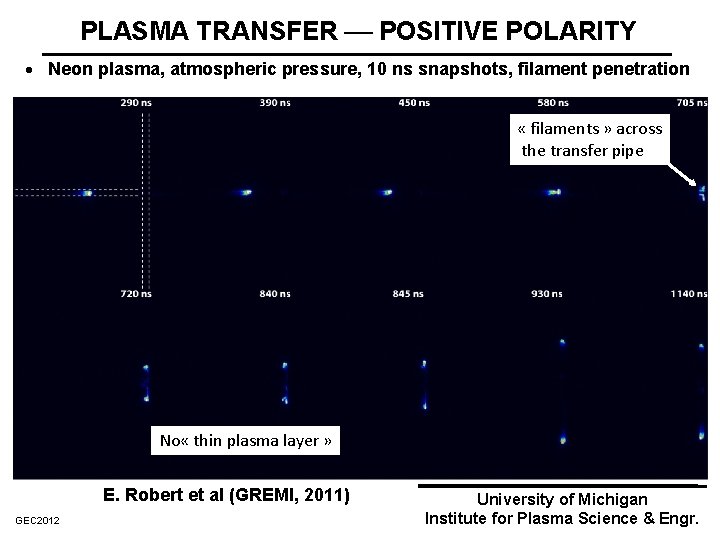 PLASMA TRANSFER POSITIVE POLARITY · Neon plasma, atmospheric pressure, 10 ns snapshots, filament penetration
