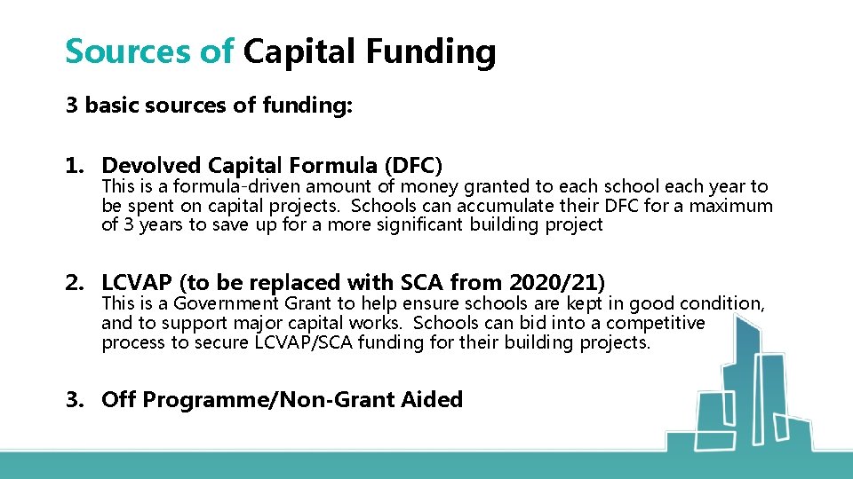 Sources of Capital Funding 3 basic sources of funding: 1. Devolved Capital Formula (DFC)