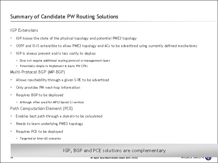 Summary of Candidate PW Routing Solutions IGP Extensions § IGP knows the state of