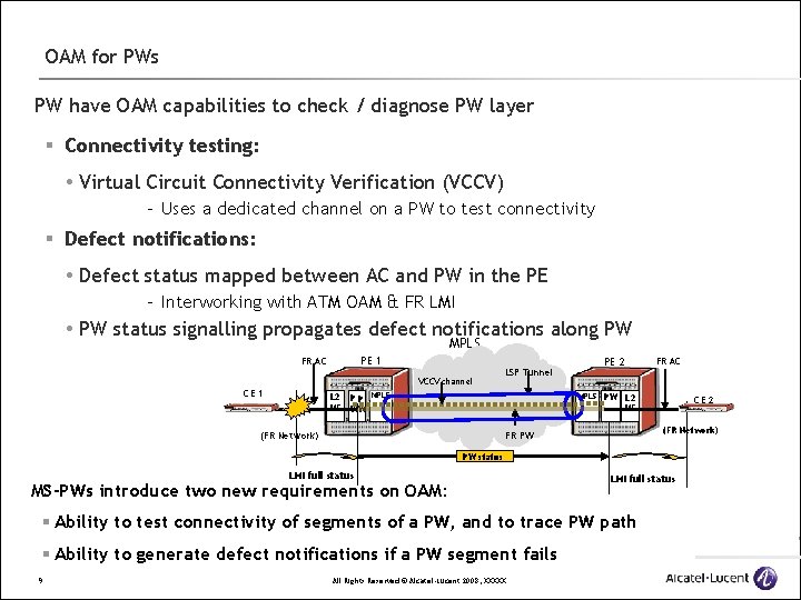 OAM for PWs PW have OAM capabilities to check / diagnose PW layer §