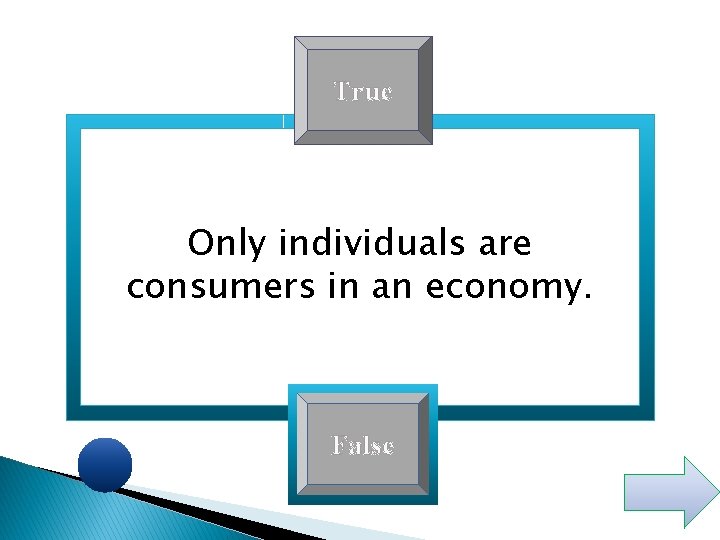 True Only individuals are consumers in an economy. False 