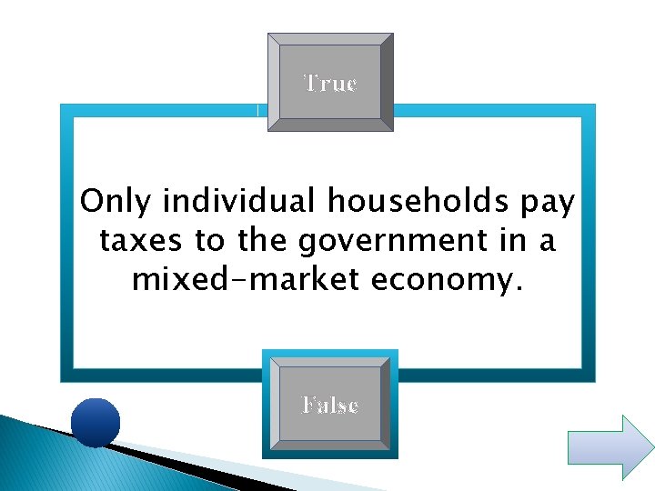 True Only individual households pay taxes to the government in a mixed-market economy. False