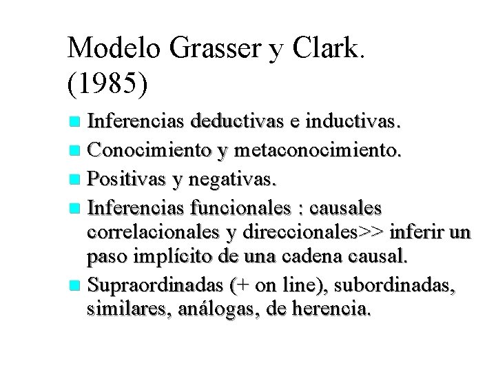 Modelo Grasser y Clark. (1985) Inferencias deductivas e inductivas. n Conocimiento y metaconocimiento. n