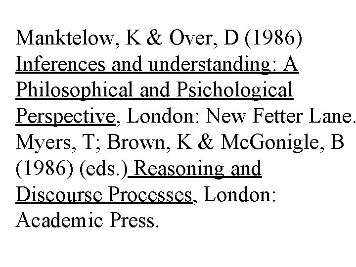 Manktelow, K & Over, D (1986) Inferences and understanding: A Philosophical and Psichological Perspective,