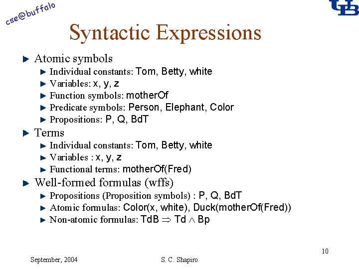 alo @ cse f buf Syntactic Expressions Atomic symbols Individual constants: Tom, Betty, white