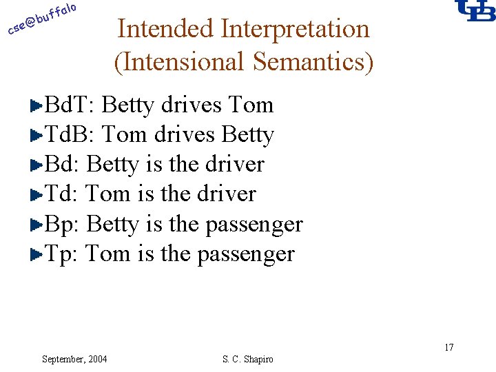 alo @ cse f buf Intended Interpretation (Intensional Semantics) Bd. T: Betty drives Tom