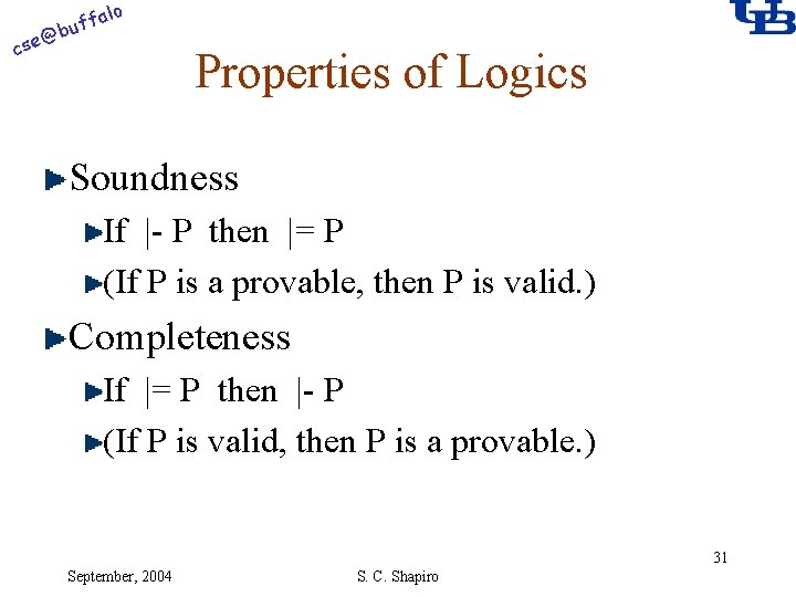 alo @ cse f buf Properties of Logics Soundness If |- P then |=