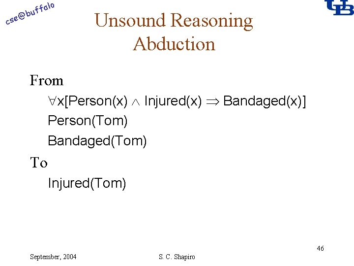 alo @ cse f buf Unsound Reasoning Abduction From x[Person(x) Injured(x) Bandaged(x)] Person(Tom) Bandaged(Tom)