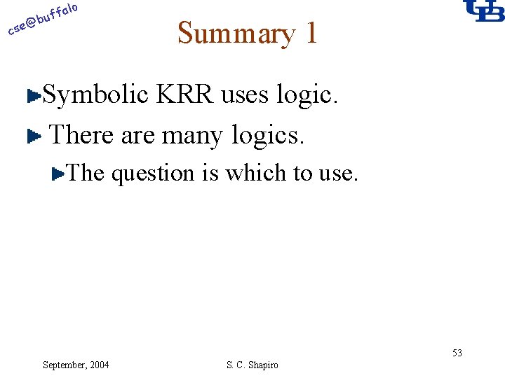 alo @ cse f buf Summary 1 Symbolic KRR uses logic. There are many