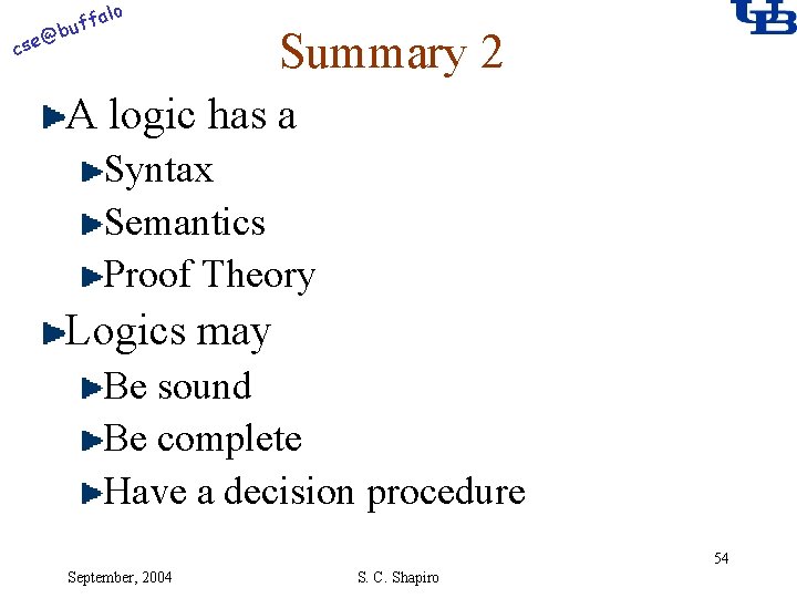 alo @ cse f buf Summary 2 A logic has a Syntax Semantics Proof