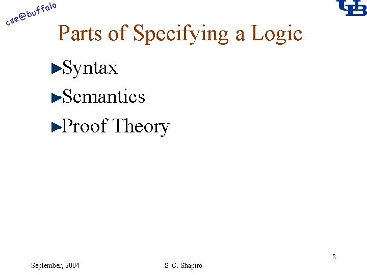 alo @ cse f buf Parts of Specifying a Logic Syntax Semantics Proof Theory