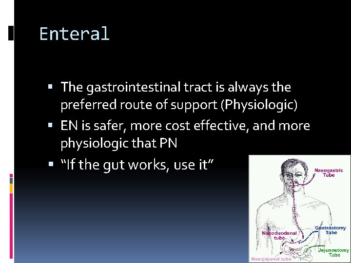 Enteral The gastrointestinal tract is always the preferred route of support (Physiologic) EN is