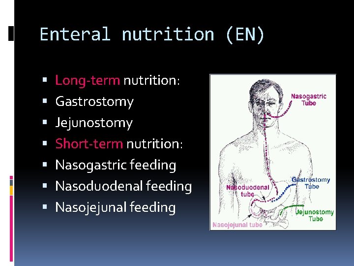 Enteral nutrition (EN) Long-term nutrition: Gastrostomy Jejunostomy Short-term nutrition: Nasogastric feeding Nasoduodenal feeding Nasojejunal