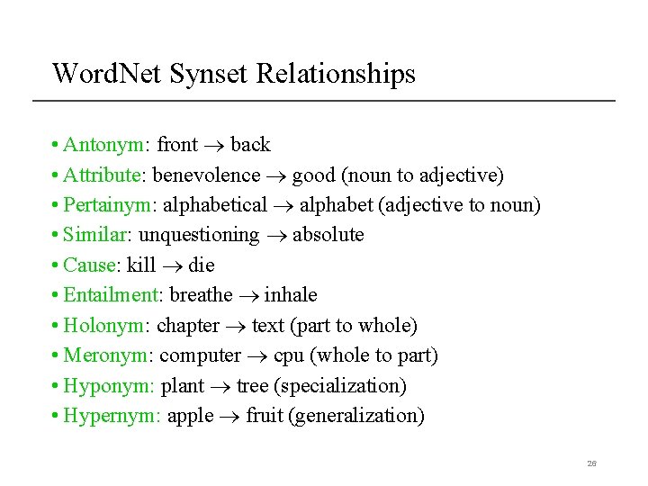 Word. Net Synset Relationships • Antonym: front back • Attribute: benevolence good (noun to