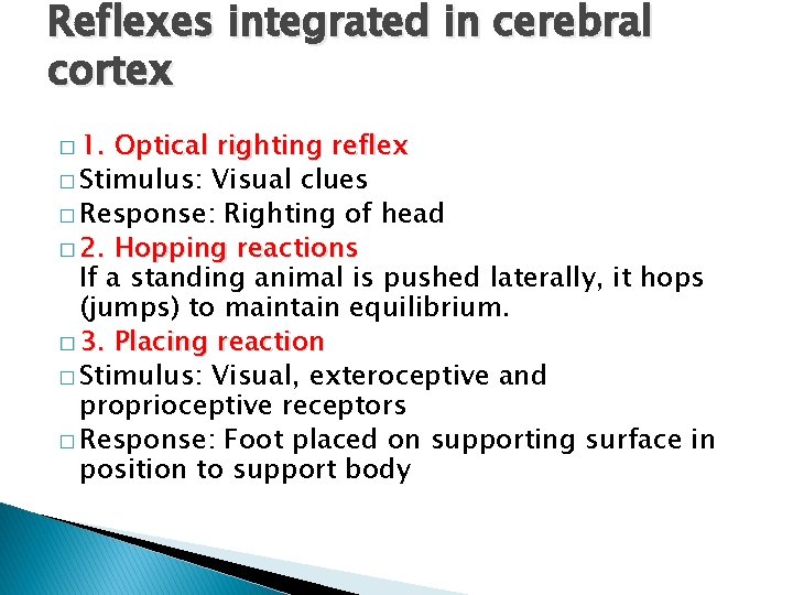 Reflexes integrated in cerebral cortex � 1. Optical righting reflex � Stimulus: Visual clues