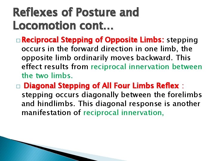 Reflexes of Posture and Locomotion cont… � Reciprocal Stepping of Opposite Limbs: stepping occurs