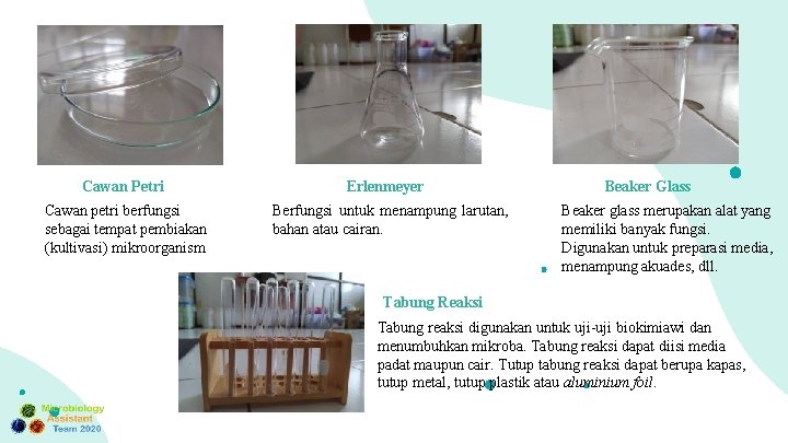 Cawan Petri Cawan petri berfungsi sebagai tempat pembiakan (kultivasi) mikroorganism Erlenmeyer Berfungsi untuk menampung