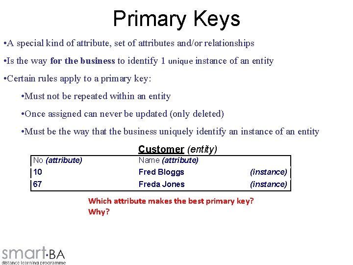 Primary Keys • A special kind of attribute, set of attributes and/or relationships •