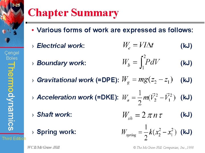 3 -25 Chapter Summary • Various forms of work are expressed as follows: Çengel