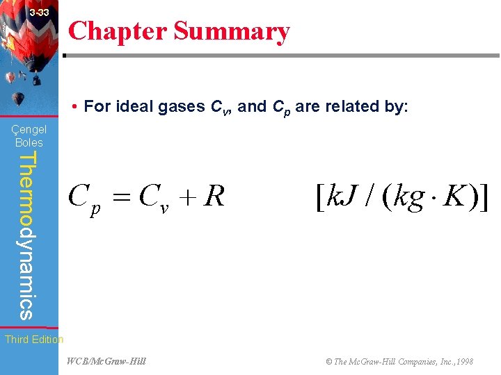 3 -33 Chapter Summary • For ideal gases Cv, and Cp are related by: