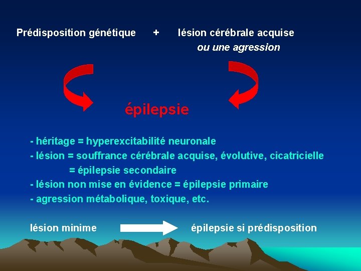 Prédisposition génétique + lésion cérébrale acquise ou une agression épilepsie - héritage = hyperexcitabilité