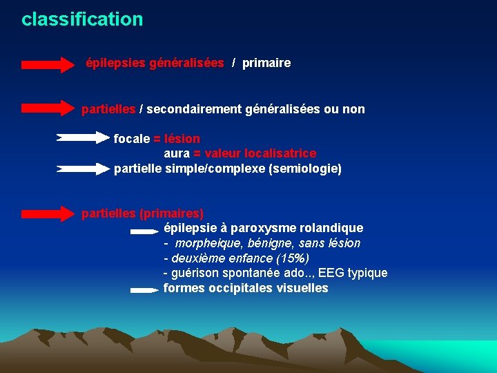 classification épilepsies généralisées / primaire partielles / secondairement généralisées ou non focale = lésion