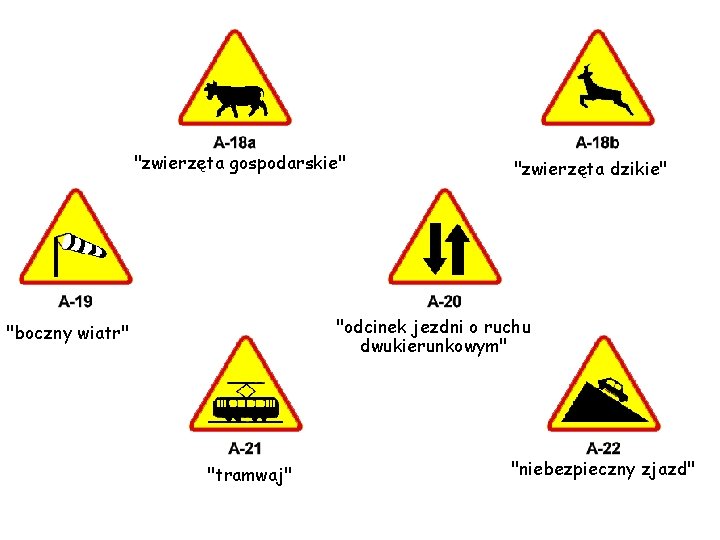 "zwierzęta gospodarskie" "zwierzęta dzikie" "odcinek jezdni o ruchu dwukierunkowym" "boczny wiatr" "tramwaj" "niebezpieczny zjazd"