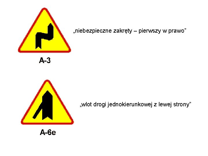 „niebezpieczne zakręty – pierwszy w prawo” „wlot drogi jednokierunkowej z lewej strony” 