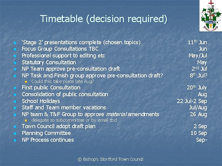 Timetable (decision required) n n n ‘Stage 2’ presentations complete (chosen topics) Focus Group