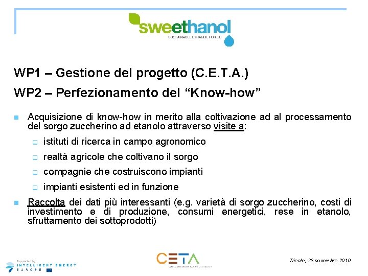 WP 1 – Gestione del progetto (C. E. T. A. ) WP 2 –