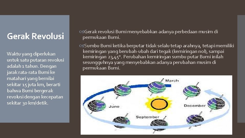 Gerak Revolusi Waktu yang diperlukan untuk satu putaran revolusi adalah 1 tahun. Dengan jarak