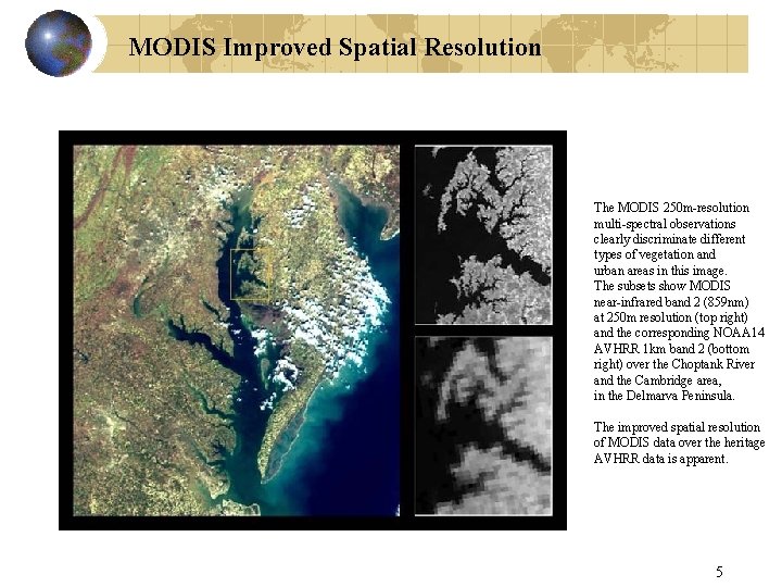 MODIS Improved Spatial Resolution The MODIS 250 m-resolution multi-spectral observations clearly discriminate different types