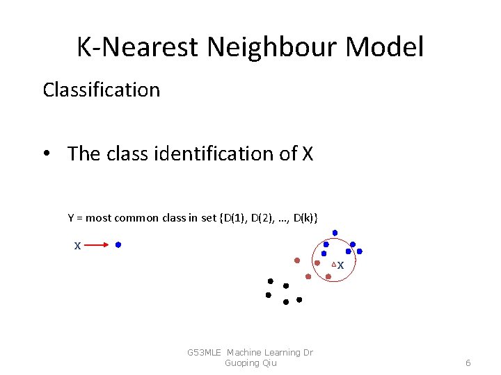 K-Nearest Neighbour Model Classification • The class identification of X Y = most common