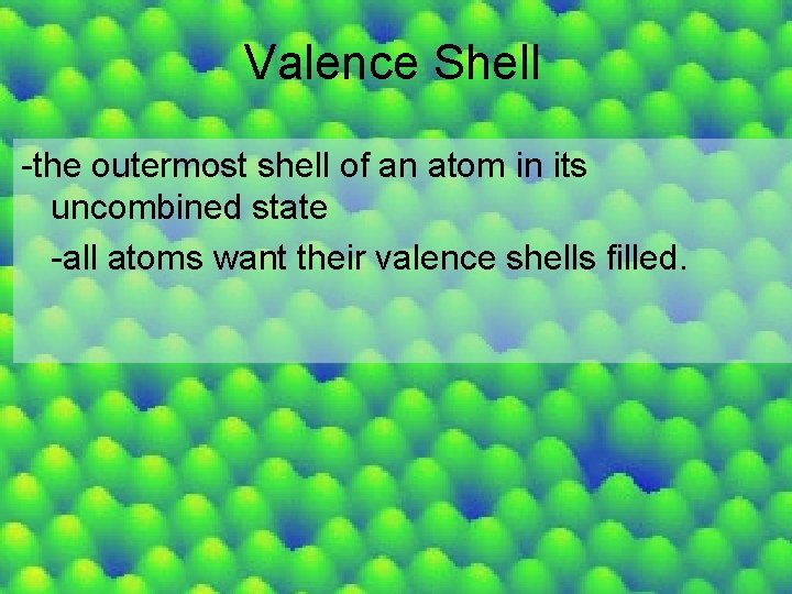 Valence Shell -the outermost shell of an atom in its uncombined state -all atoms