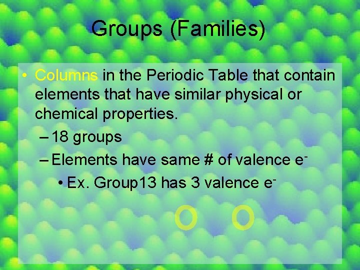 Groups (Families) • Columns in the Periodic Table that contain elements that have similar