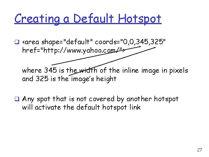 Creating a Default Hotspot q <area shape="default" coords="0, 0, 345, 325" href="http: //www. yahoo. Creating a Default Hotspot q <area shape="default" coords="0, 0, 345, 325" href="http: //www. yahoo.