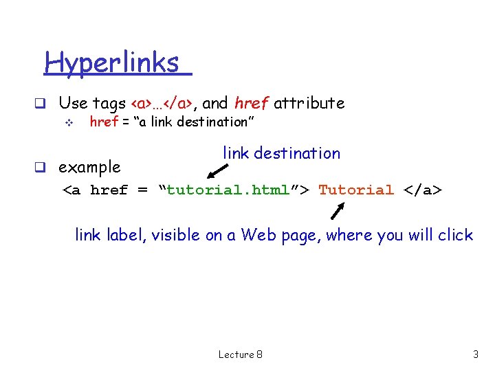 Hyperlinks q Use tags <a>…</a>, and href attribute v href = “a link destination” Hyperlinks q Use tags <a>…</a>, and href attribute v href = “a link destination”