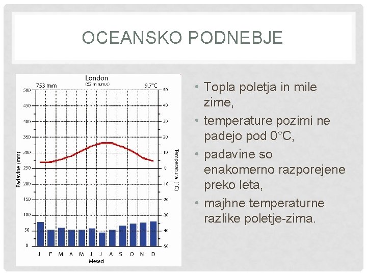 OCEANSKO PODNEBJE • Topla poletja in mile zime, • temperature pozimi ne padejo pod