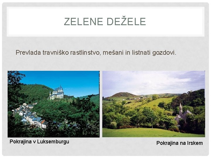 ZELENE DEŽELE Prevlada travniško rastlinstvo, mešani in listnati gozdovi. Pokrajina v Luksemburgu Pokrajina na