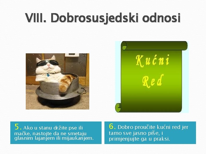 VIII. Dobrosusjedski odnosi 5. Ako u stanu držite pse ili mačke, nastojte da ne VIII. Dobrosusjedski odnosi 5. Ako u stanu držite pse ili mačke, nastojte da ne