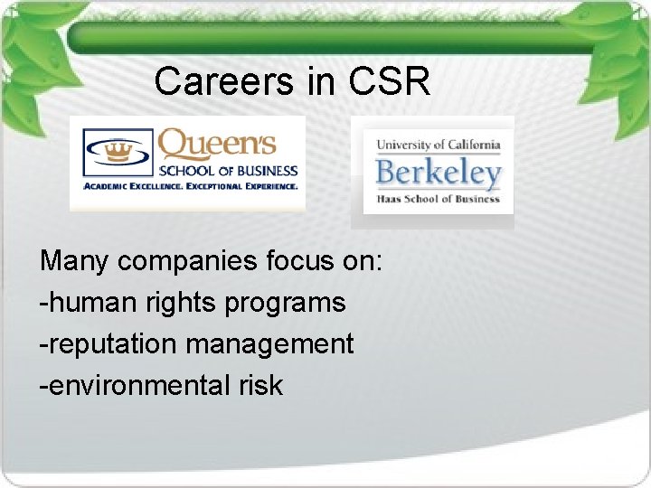Careers in CSR Many companies focus on: -human rights programs -reputation management -environmental risk