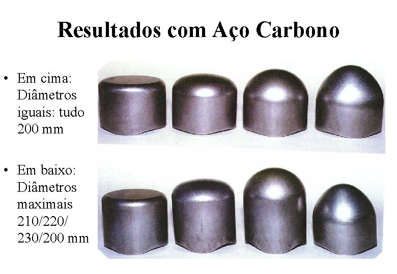 Resultados com Aço Carbono • Em cima: Diâmetros iguais: tudo 200 mm • Em