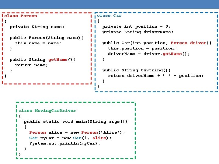class Person { private String name; class Car { private int position = 0;