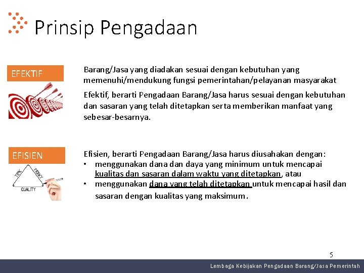 Prinsip Pengadaan EFEKTIF Barang/Jasa yang diadakan sesuai dengan kebutuhan yang memenuhi/mendukung fungsi pemerintahan/pelayanan masyarakat