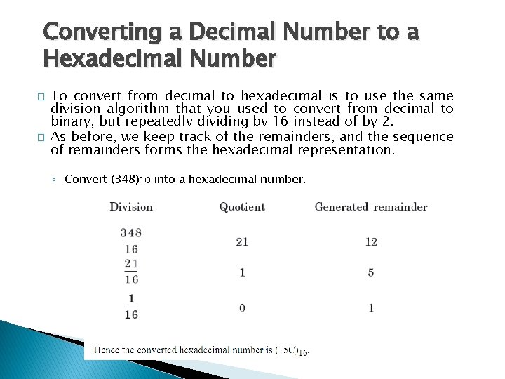 Converting a Decimal Number to a Hexadecimal Number � � To convert from decimal Converting a Decimal Number to a Hexadecimal Number � � To convert from decimal