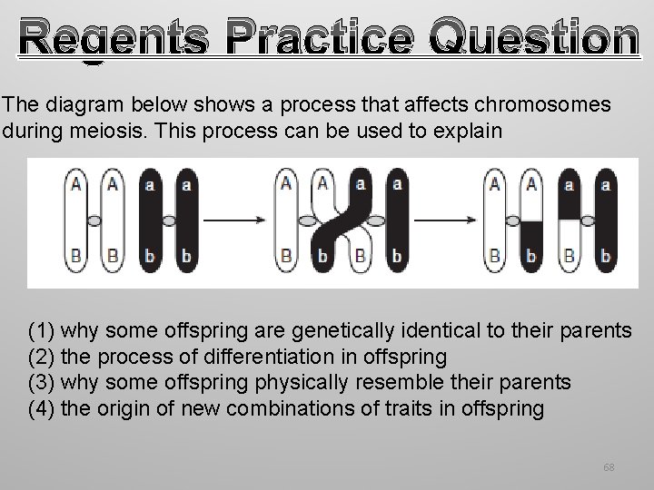 Regents Practice Question The diagram below shows a process that affects chromosomes during meiosis.