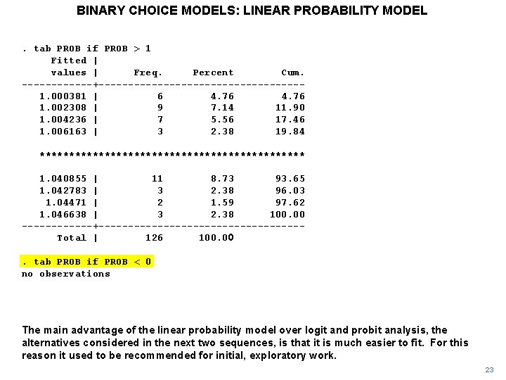 BINARY CHOICE MODELS: LINEAR PROBABILITY MODEL. tab PROB if PROB > 1 Fitted |