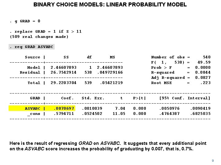 BINARY CHOICE MODELS: LINEAR PROBABILITY MODEL. g GRAD = 0. replace GRAD = 1