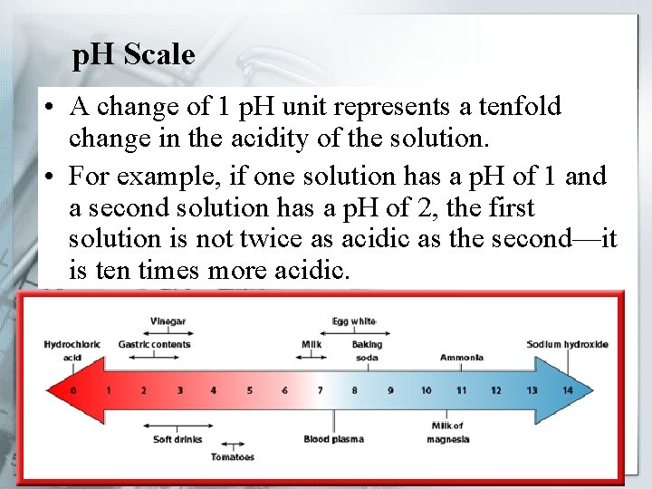 p. H Scale • A change of 1 p. H unit represents a tenfold